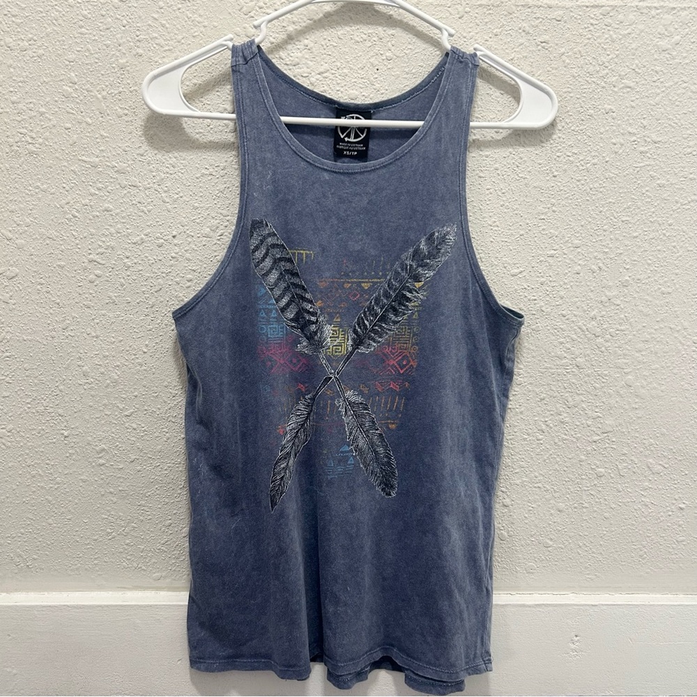 Recycled Karma Blue Acid Wash Feather Tank Top Size XS